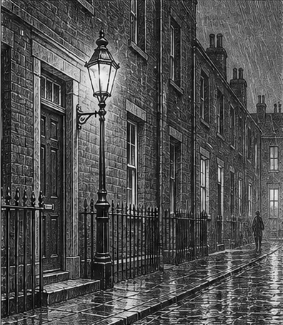 Black and white illustration of a rain-darkened Victorian street with a gas lamp