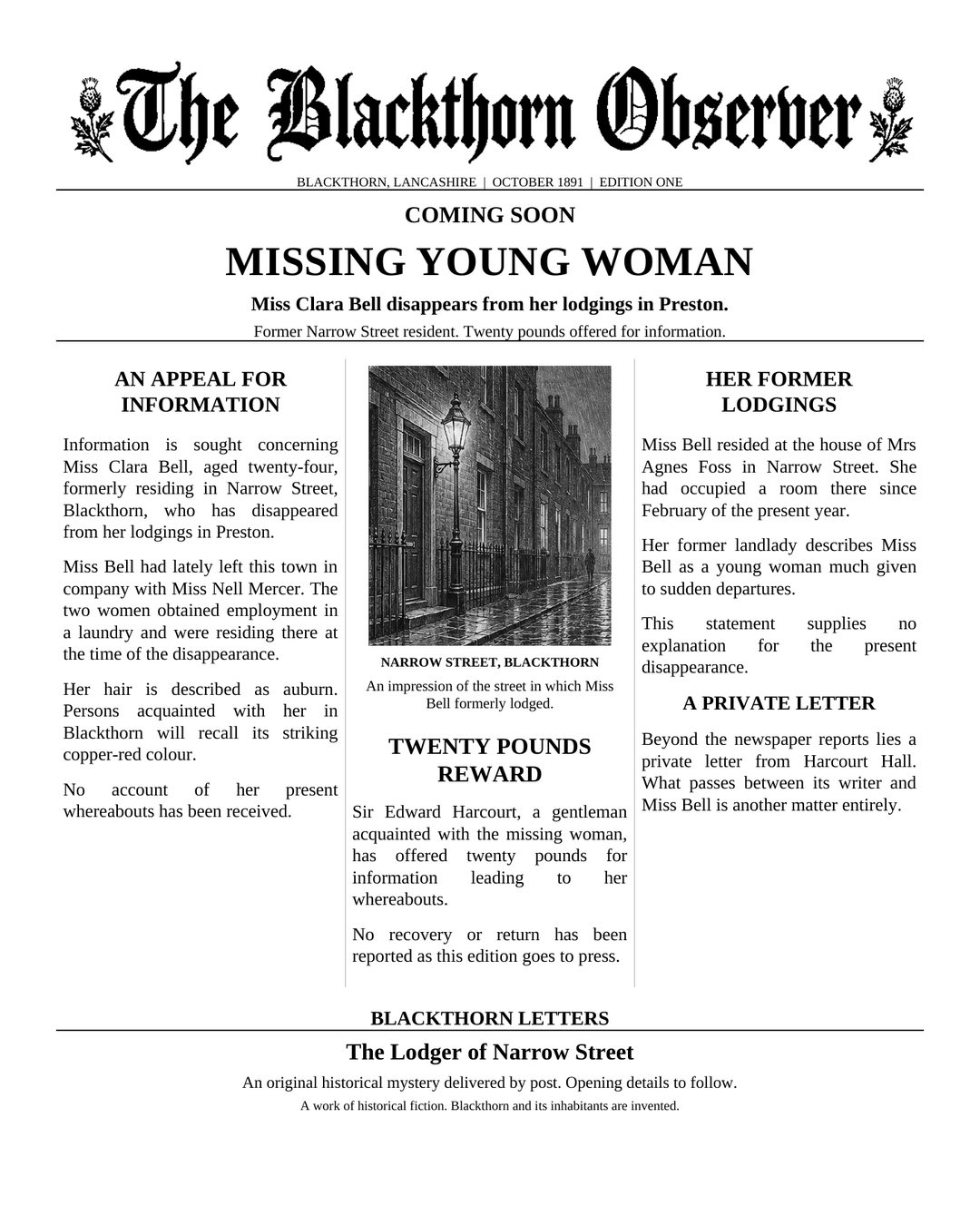 The Blackthorn Observer teaser announcing Clara Bell’s disappearance and Edition One